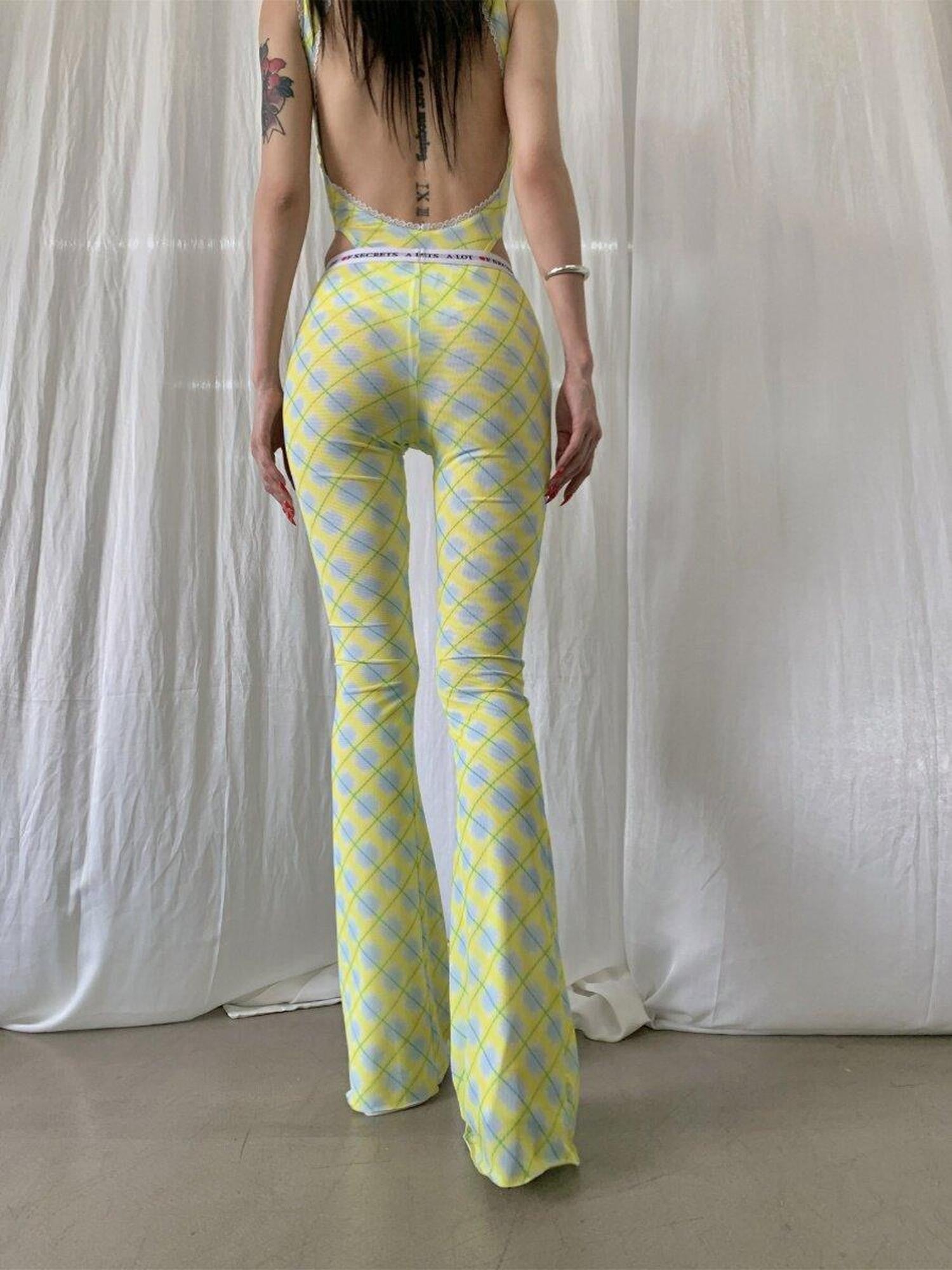 FOURFORTY Sheer Plaid Mesh Women's Wide Leg High Rise Tulle Flare Pants