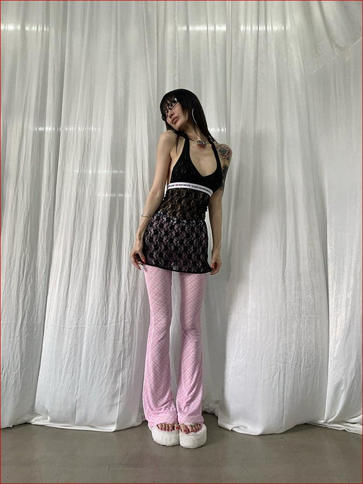 FOURFORTY Sheer Plaid Mesh Women's Wide Leg High Rise Tulle Flare Pants