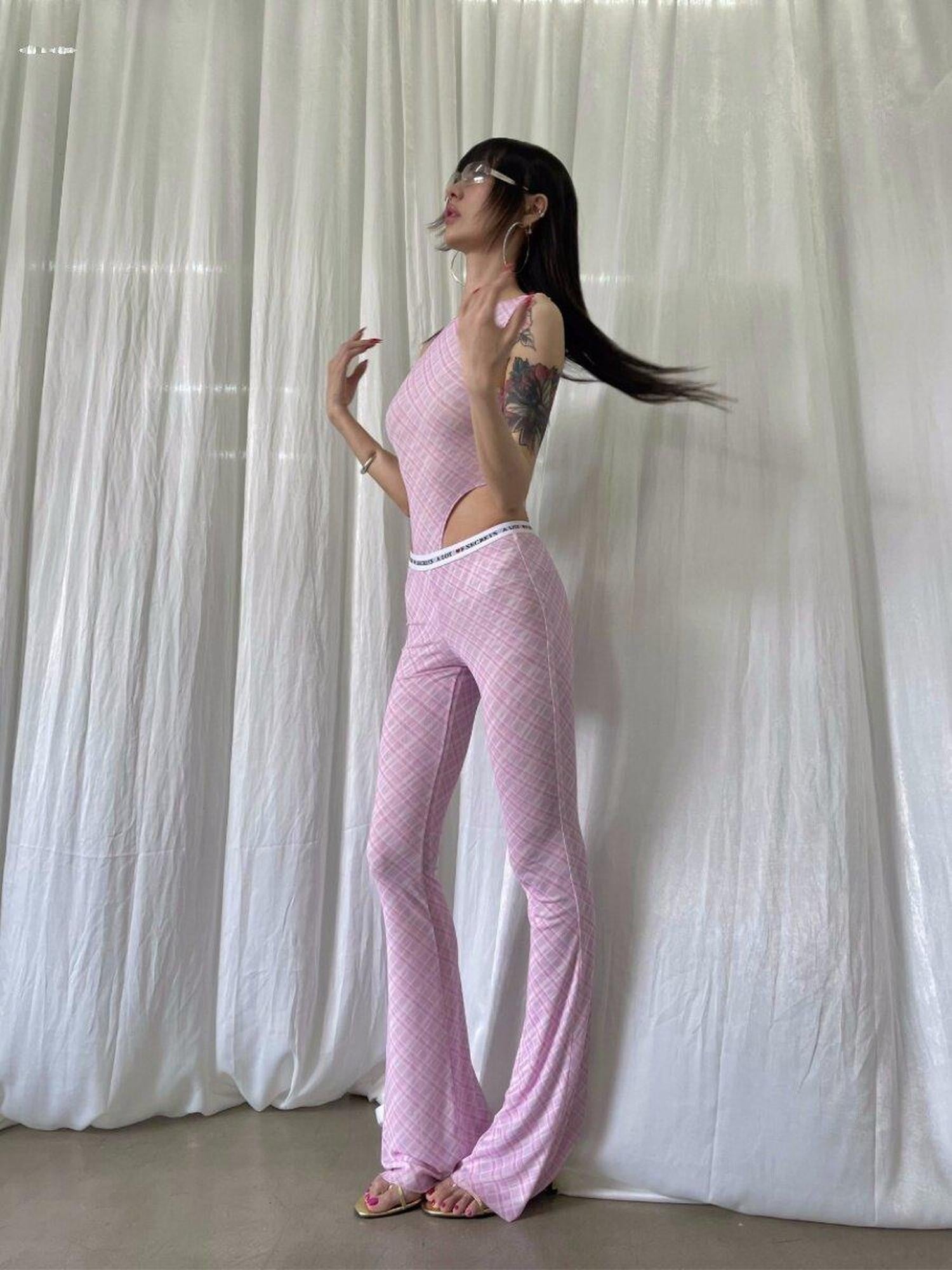 FOURFORTY Sheer Plaid Mesh Women's Wide Leg High Rise Tulle Flare Pants