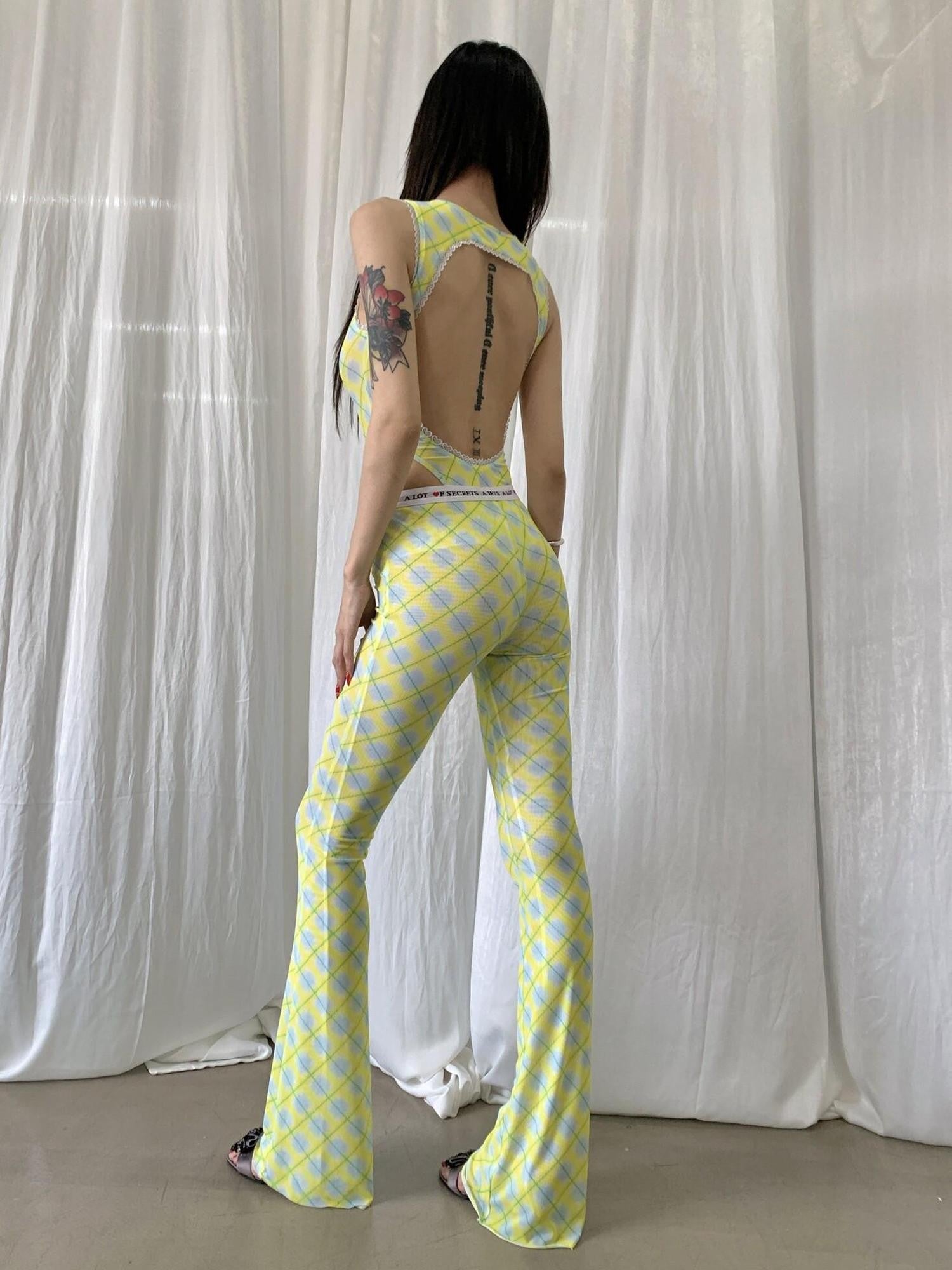 FOURFORTY Sheer Plaid Mesh Women's Wide Leg High Rise Tulle Flare Pants