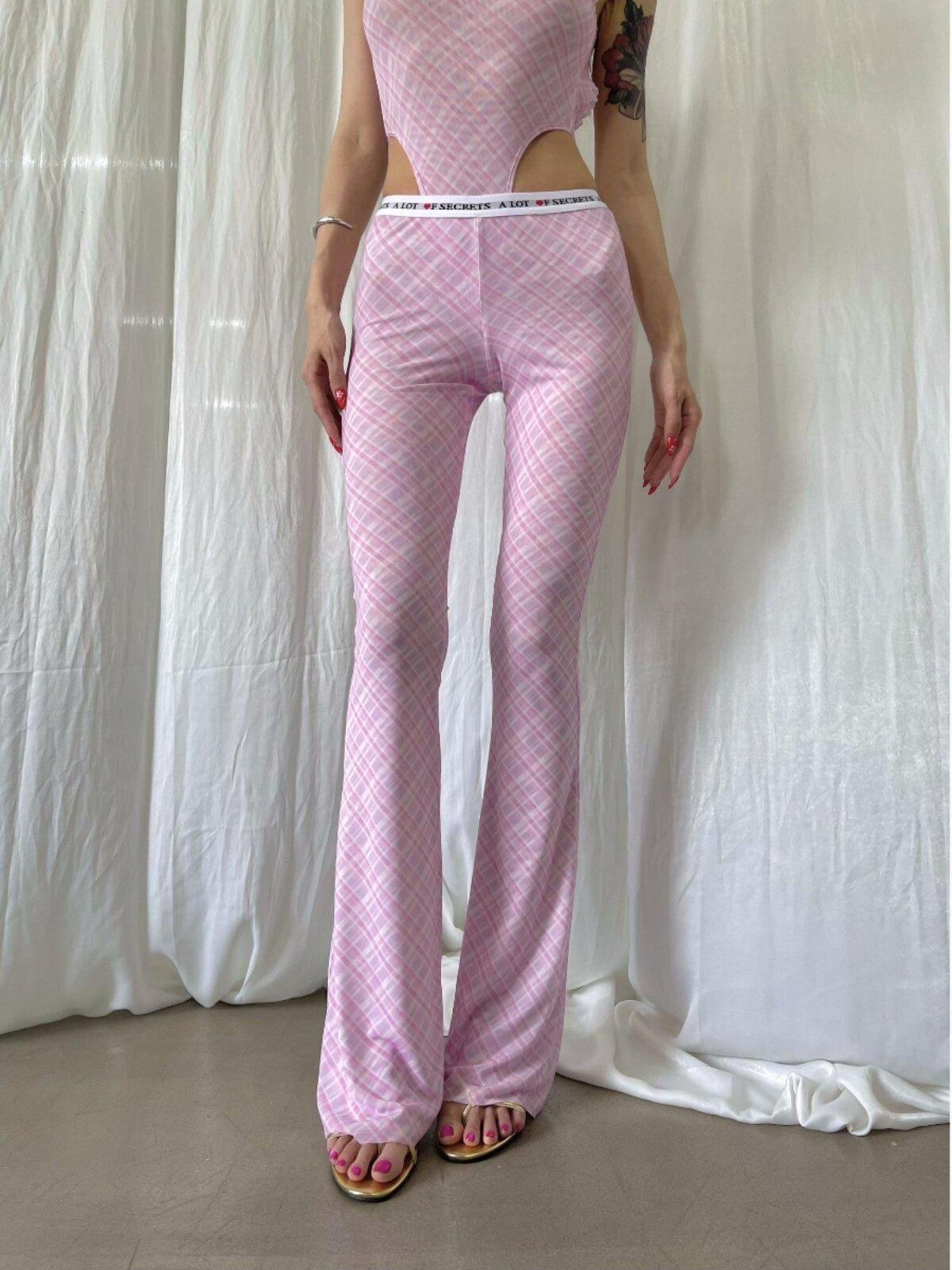 FOURFORTY Sheer Plaid Mesh Women's Wide Leg High Rise Tulle Flare Pants