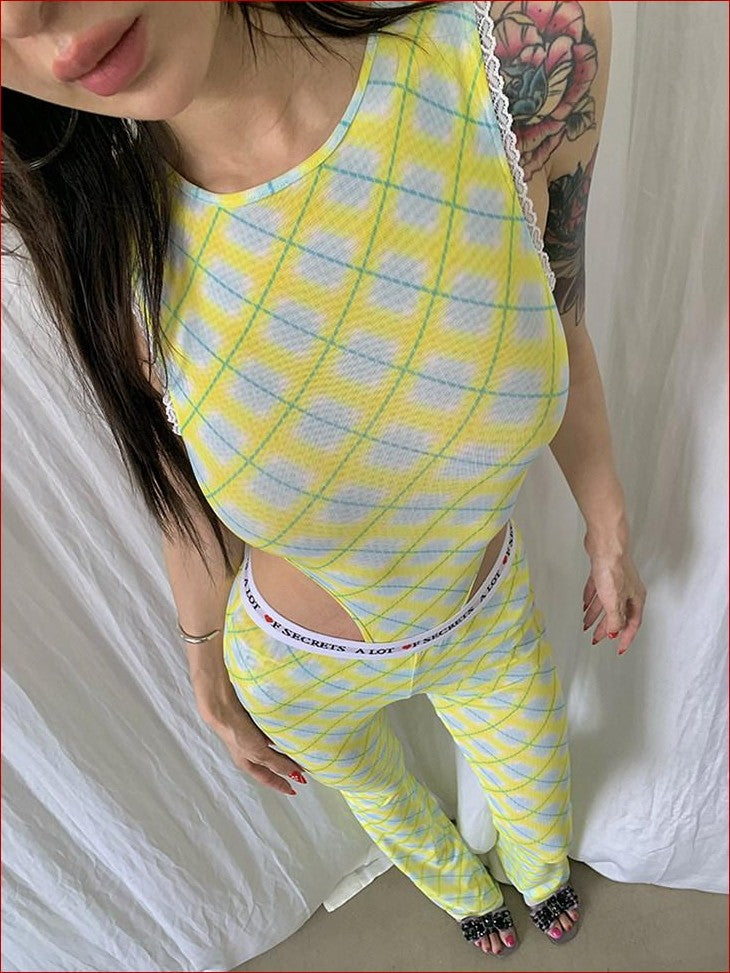 FOURFORTY Sheer Plaid Mesh Women's Wide Leg High Rise Tulle Flare Pants