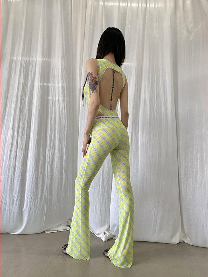 FOURFORTY Sheer Plaid Mesh Women's Wide Leg High Rise Tulle Flare Pants