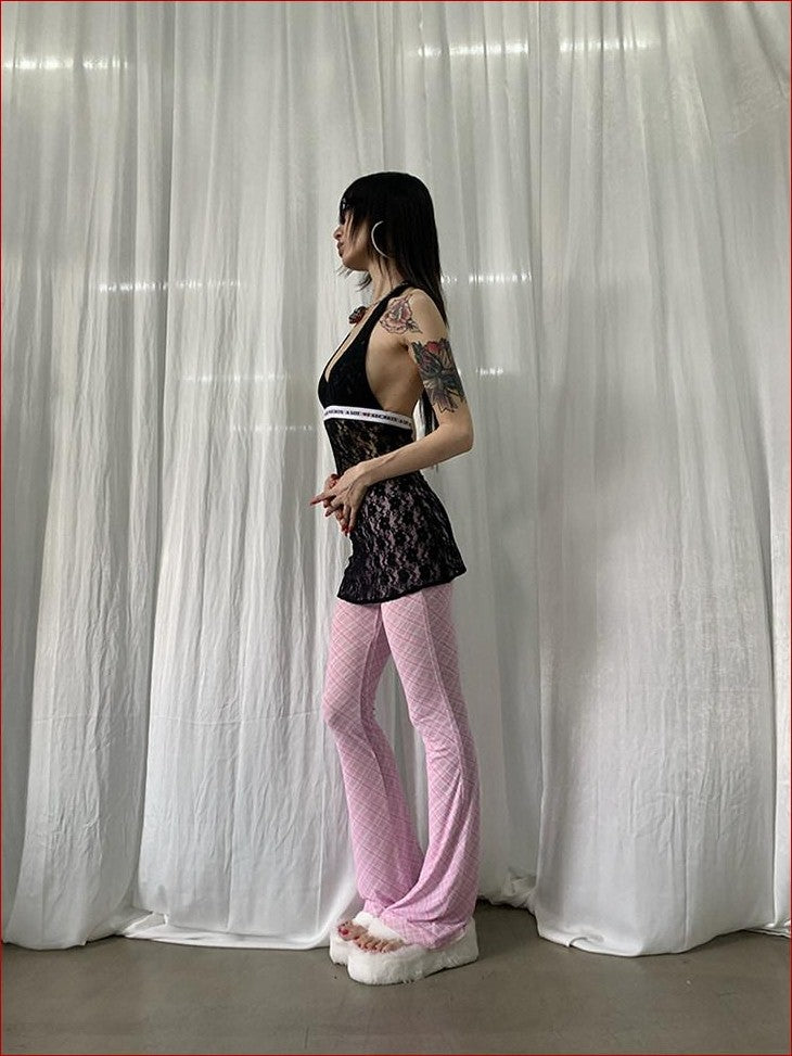 FOURFORTY Sheer Plaid Mesh Women's Wide Leg High Rise Tulle Flare Pants