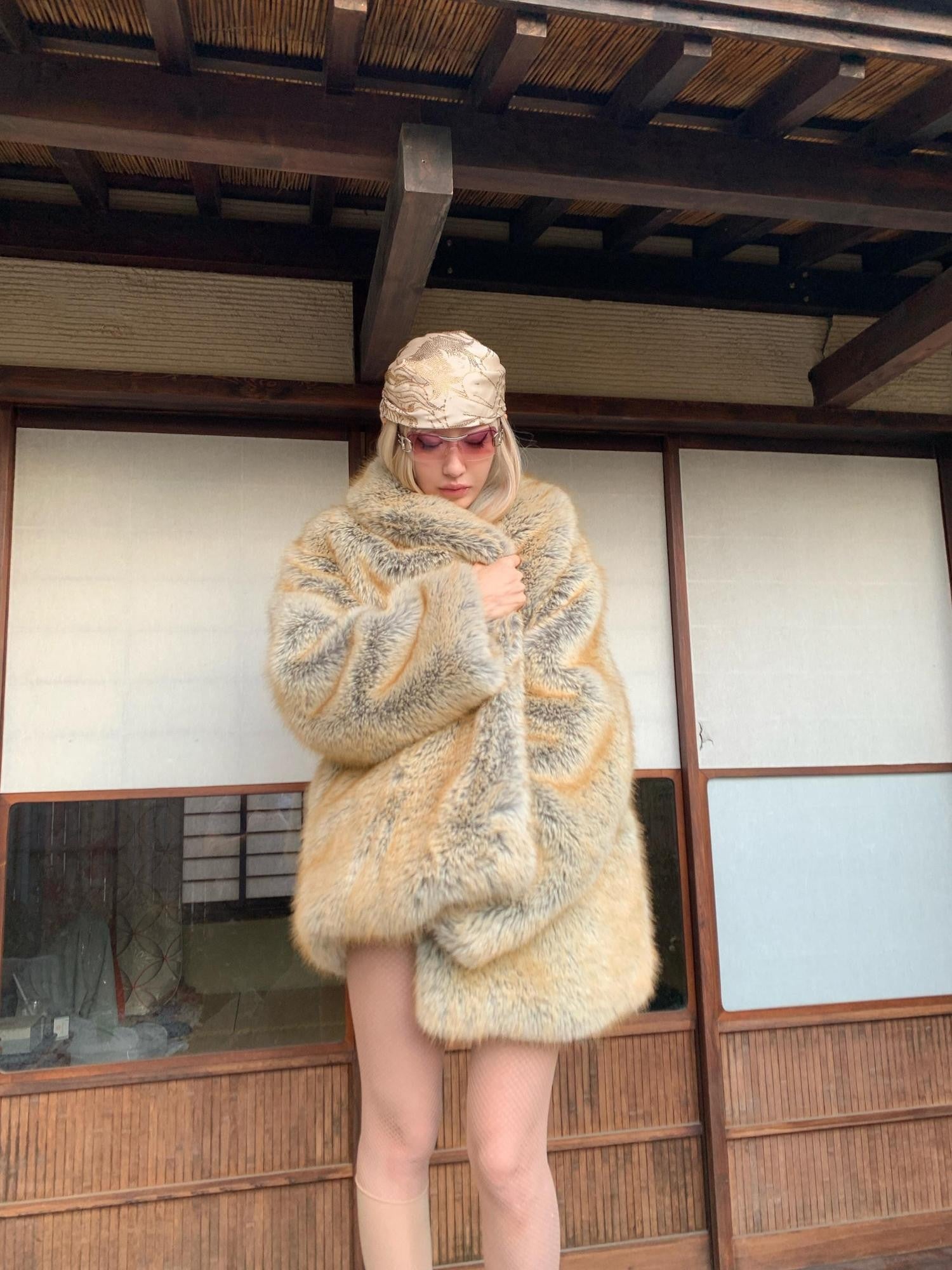 FOURFORTY Shimmering Faux Gold Fox Women's Faux Fox Fur Faux Fur Coats