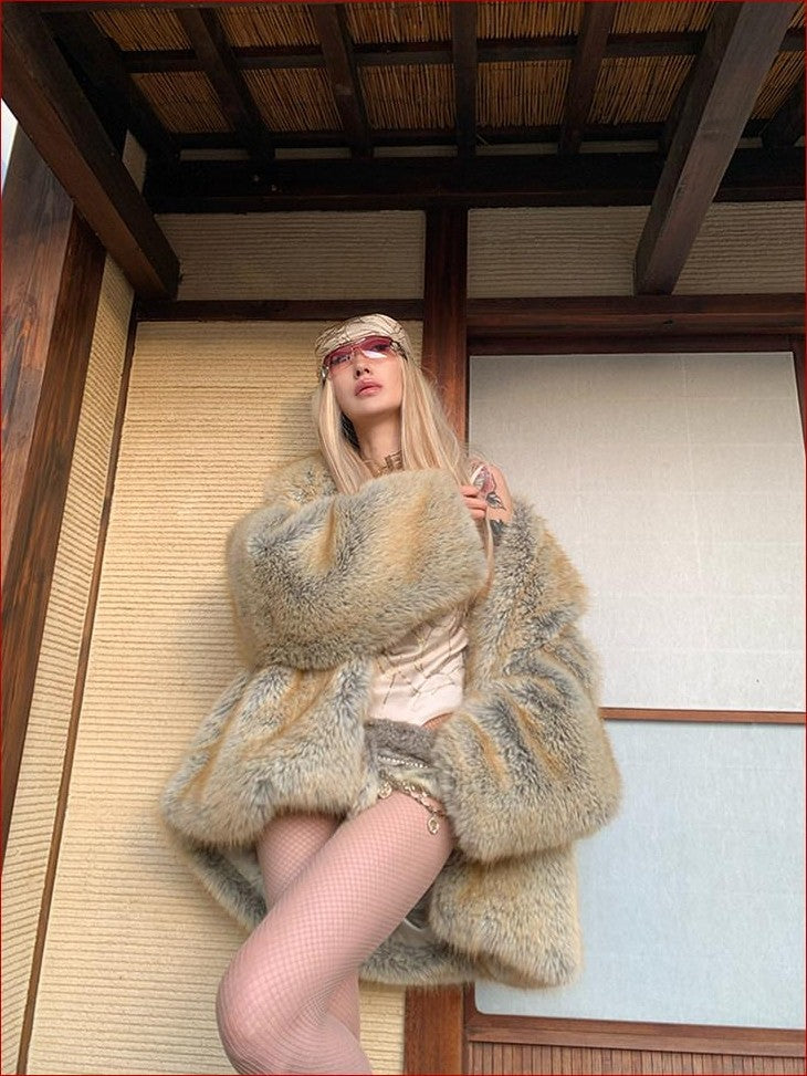 FOURFORTY Shimmering Faux Gold Fox Women's Faux Fox Fur Faux Fur Coats