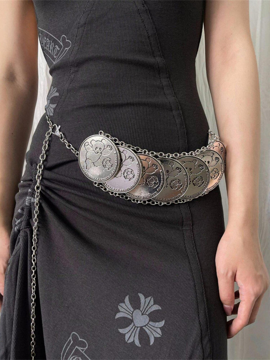 FOURFORTY Silver Panda Coin Charm Chain Link Women's Metal Waist Chains