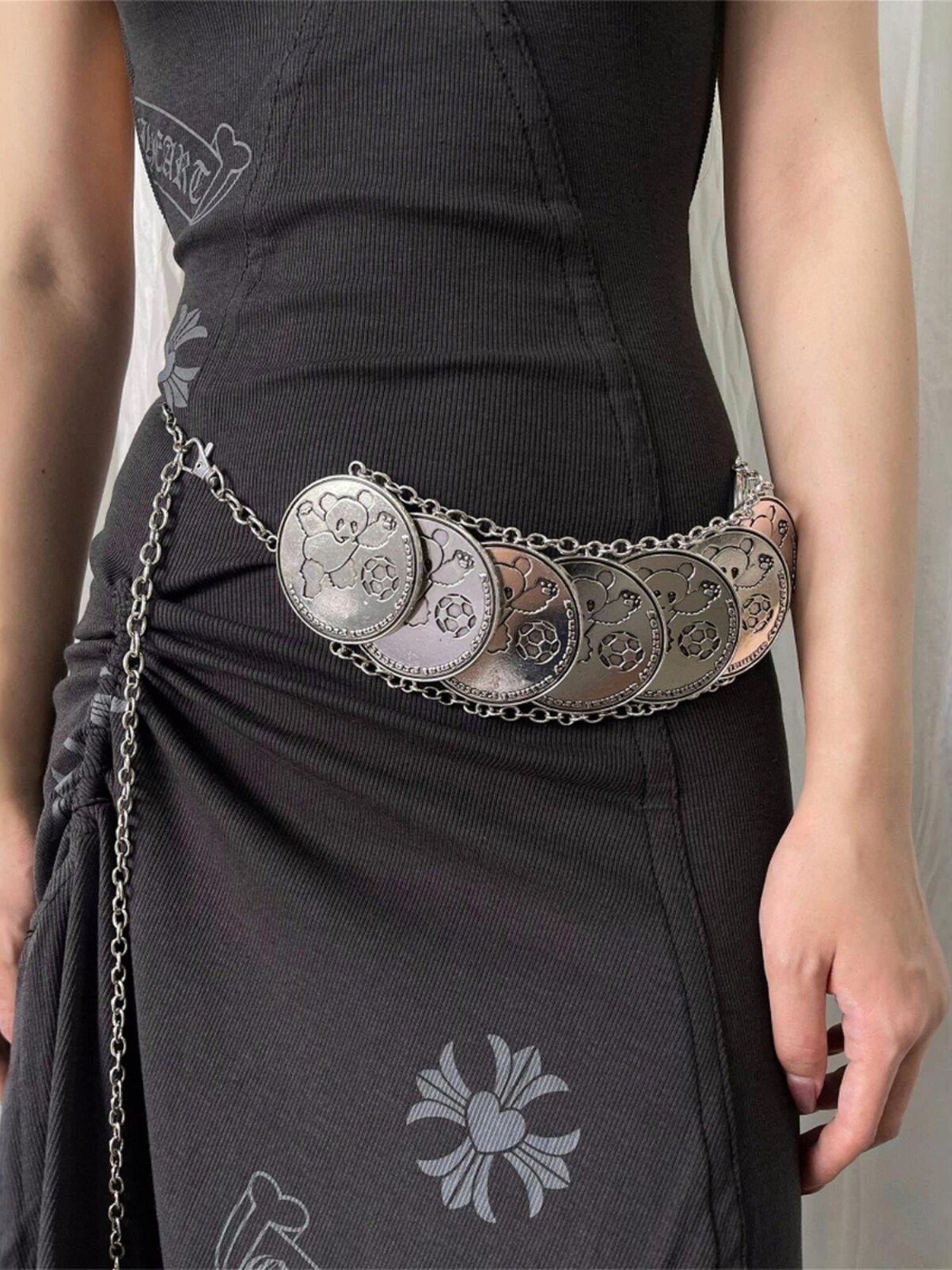 FOURFORTY Silver Panda Coin Charm Chain Link Women's Metal Waist Chains