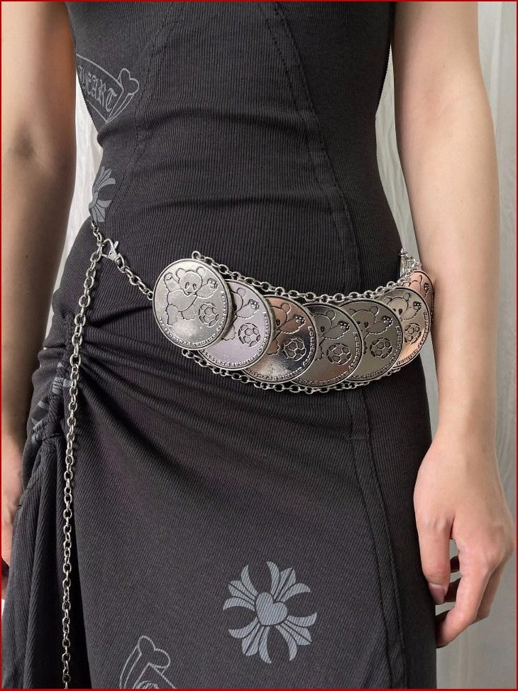 FOURFORTY Silver Panda Coin Charm Chain Link Women's Metal Waist Chains