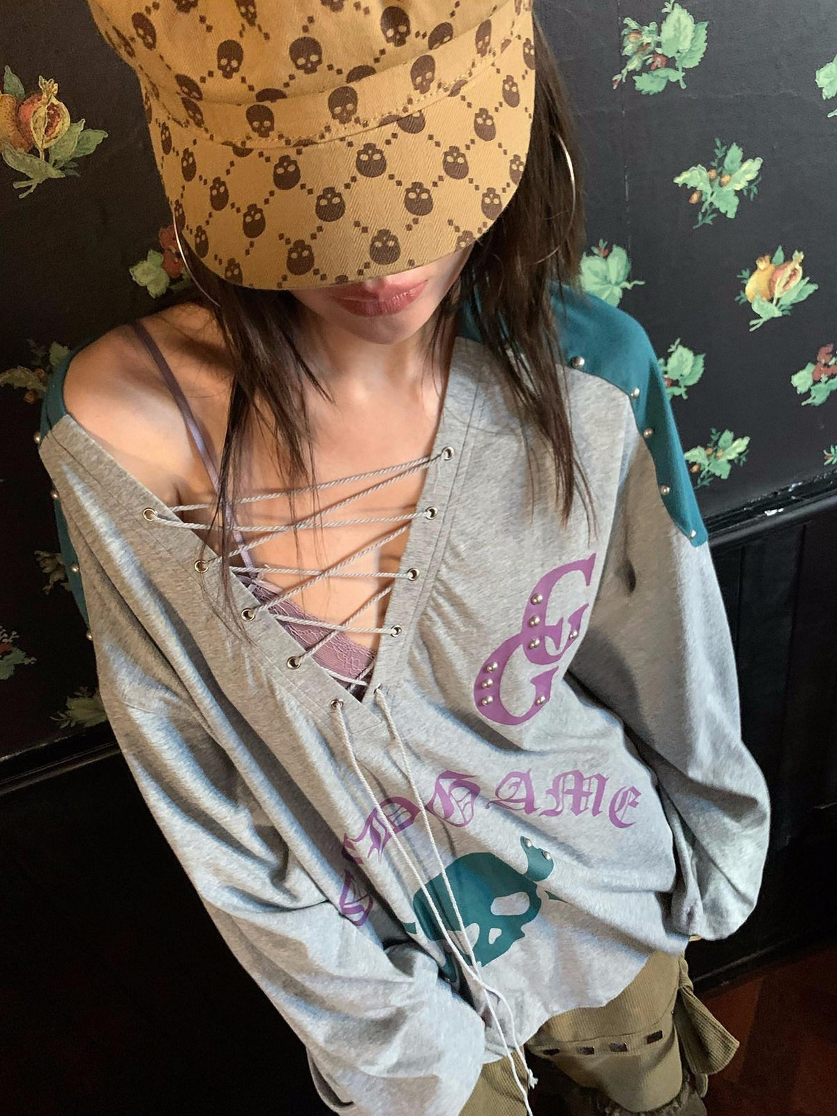FOURFORTY Skull Stud Lace Up Loose Fit Cotton Women's Long Sleeve T-shirts