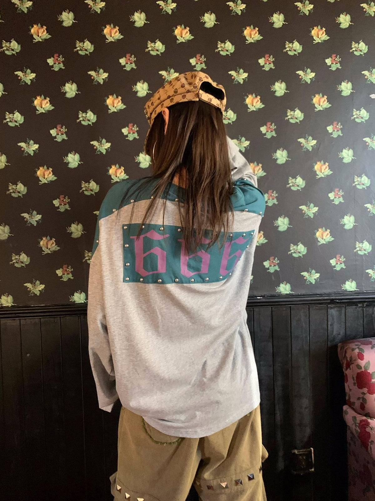 FOURFORTY Skull Stud Lace Up Loose Fit Cotton Women's Long Sleeve T-shirts