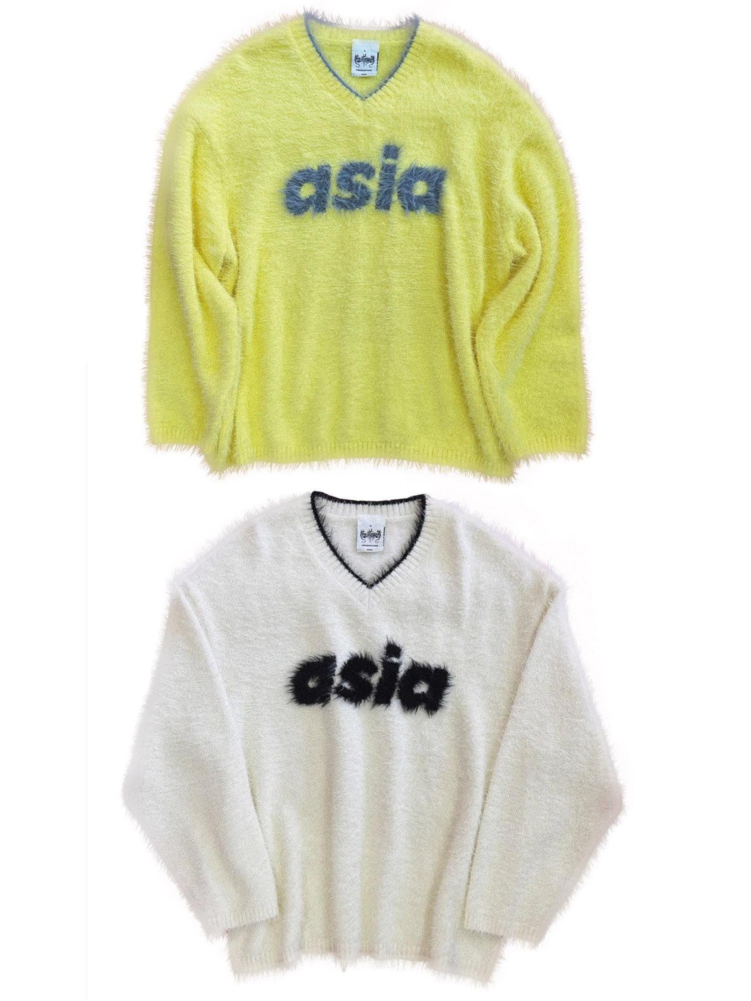 FOURFORTY Soft Fuzzy Two Tone Jacquard V-neck Women's Nylon Blend Sweaters