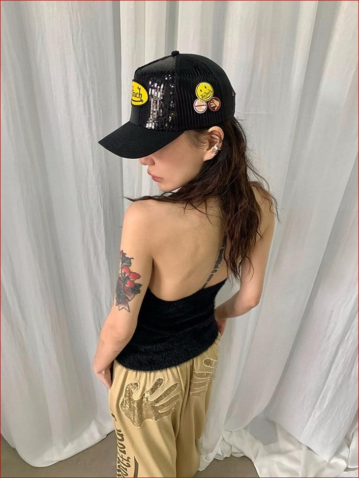 FOURFORTY Sparkling Sequin Badge Women's Casual Chic Adjustable Back Strap Baseball Caps