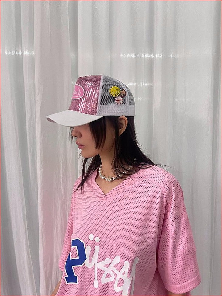 FOURFORTY Sparkling Sequin Badge Women's Casual Chic Adjustable Back Strap Baseball Caps
