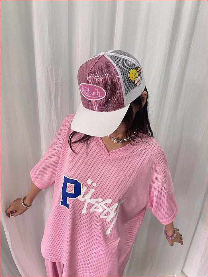 FOURFORTY Sparkling Sequin Badge Women's Casual Chic Adjustable Back Strap Baseball Caps