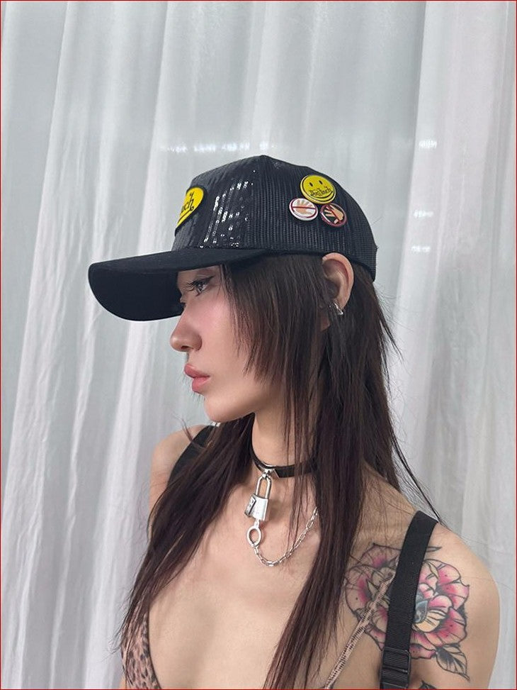 FOURFORTY Sparkling Sequin Badge Women's Casual Chic Adjustable Back Strap Baseball Caps