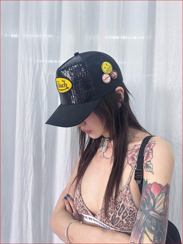 FOURFORTY Sparkling Sequin Badge Women's Casual Chic Adjustable Back Strap Baseball Caps