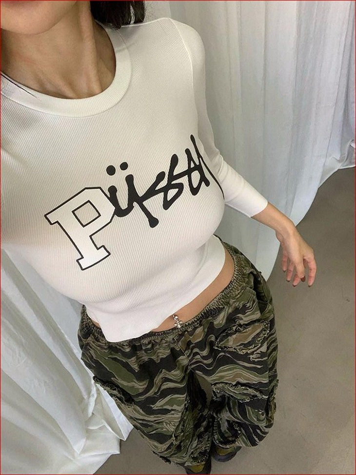 FOURFORTY Street Graphic Fitted Women's Viscose Cotton Spandex Blend Long Sleeve T-shirts
