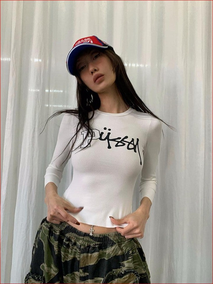 FOURFORTY Street Graphic Fitted Women's Viscose Cotton Spandex Blend Long Sleeve T-shirts
