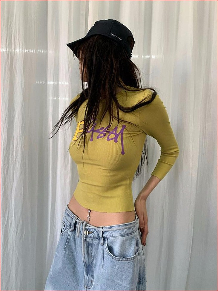 FOURFORTY Street Graphic Fitted Women's Viscose Cotton Spandex Blend Long Sleeve T-shirts