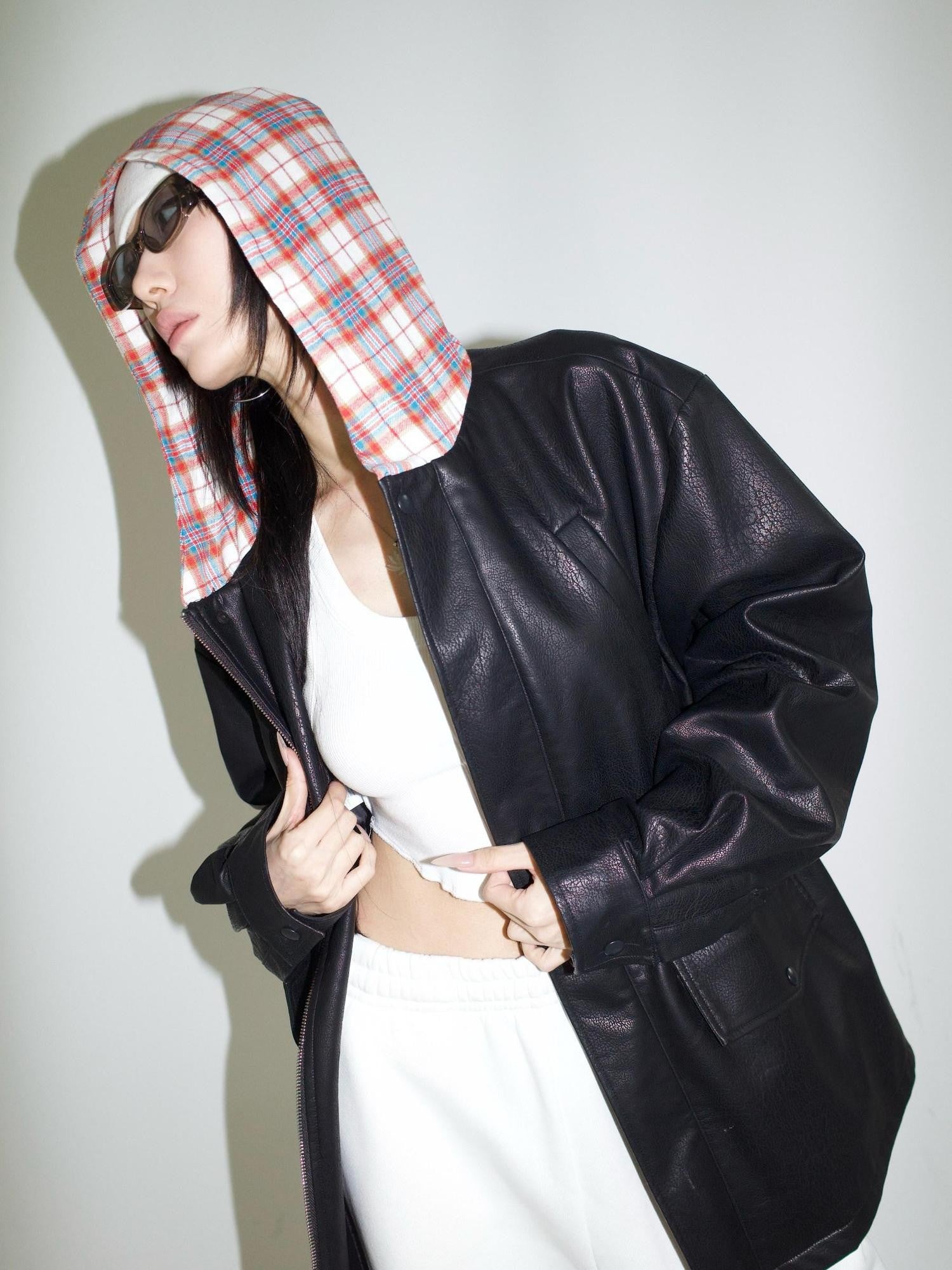 FOURFORTY Street Plaid Hooded Patchwork Long Sleeve Women's Pu Leather Jackets