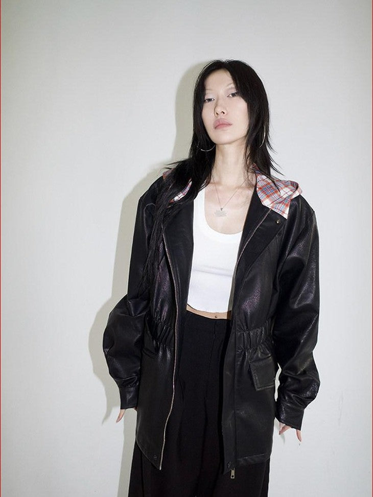 FOURFORTY Street Plaid Hooded Patchwork Long Sleeve Women's Pu Leather Jackets