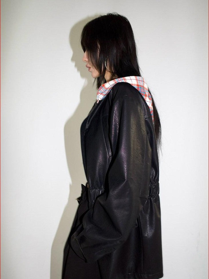 FOURFORTY Street Plaid Hooded Patchwork Long Sleeve Women's Pu Leather Jackets