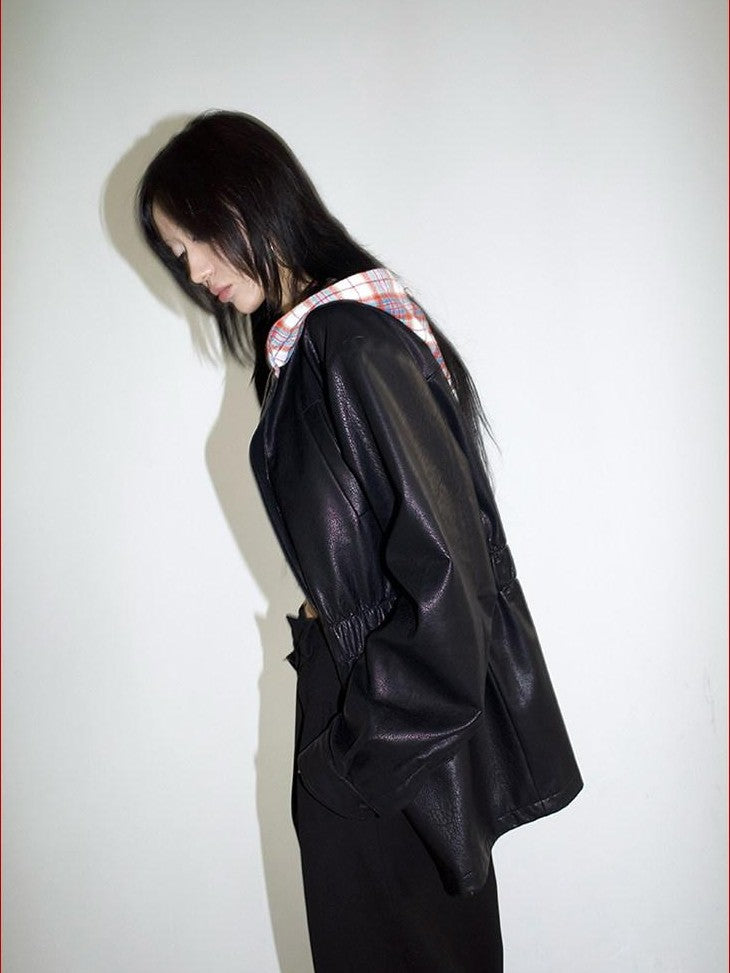FOURFORTY Street Plaid Hooded Patchwork Long Sleeve Women's Pu Leather Jackets