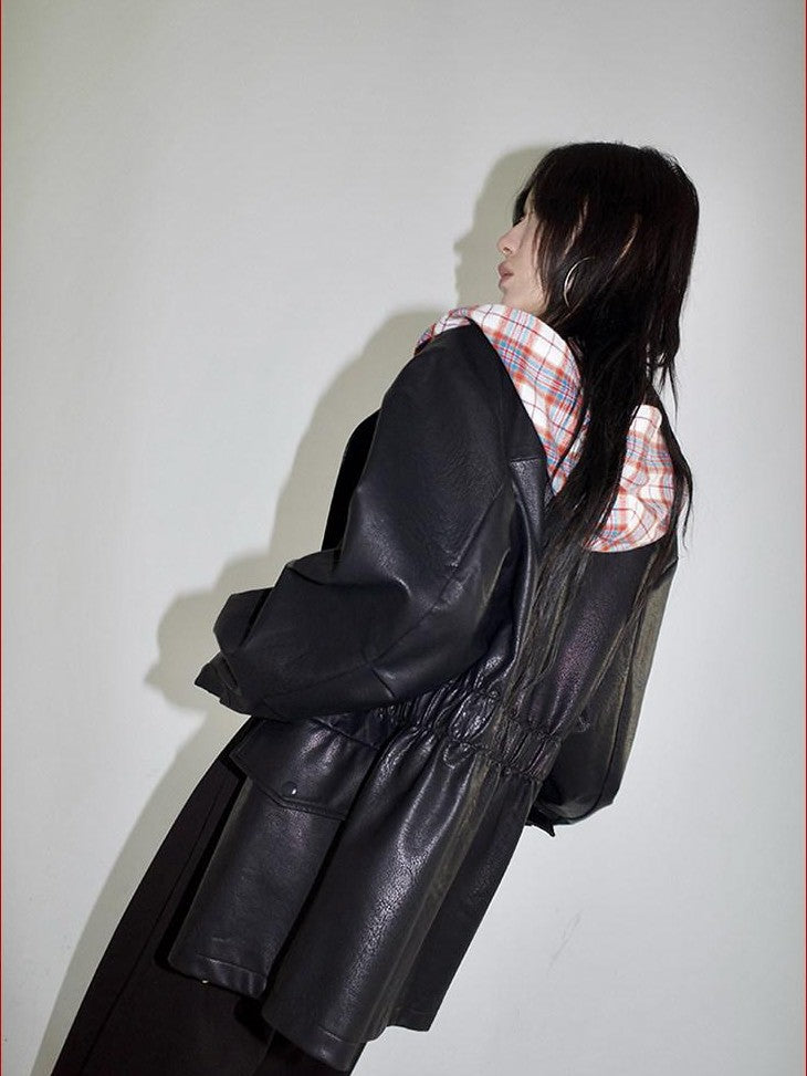 FOURFORTY Street Plaid Hooded Patchwork Long Sleeve Women's Pu Leather Jackets
