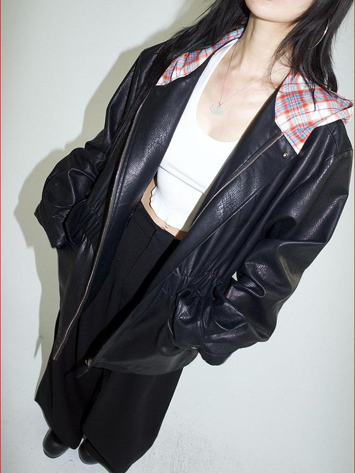 FOURFORTY Street Plaid Hooded Patchwork Long Sleeve Women's Pu Leather Jackets