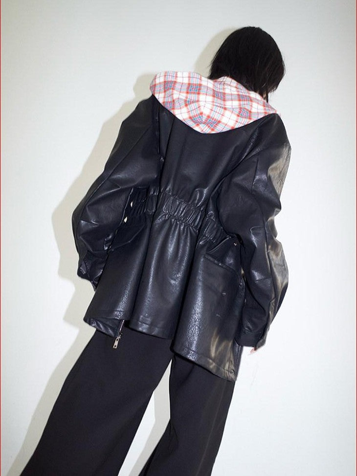 FOURFORTY Street Plaid Hooded Patchwork Long Sleeve Women's Pu Leather Jackets