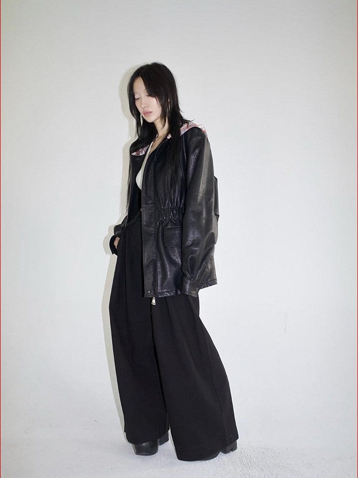 FOURFORTY Street Plaid Hooded Patchwork Long Sleeve Women's Pu Leather Jackets