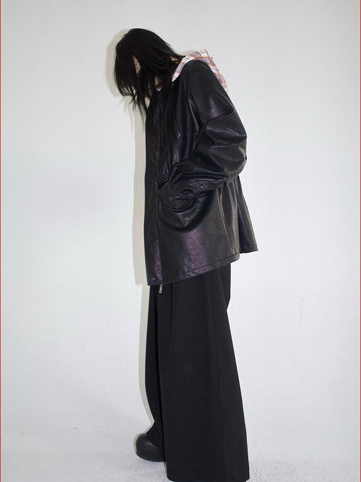 FOURFORTY Street Plaid Hooded Patchwork Long Sleeve Women's Pu Leather Jackets