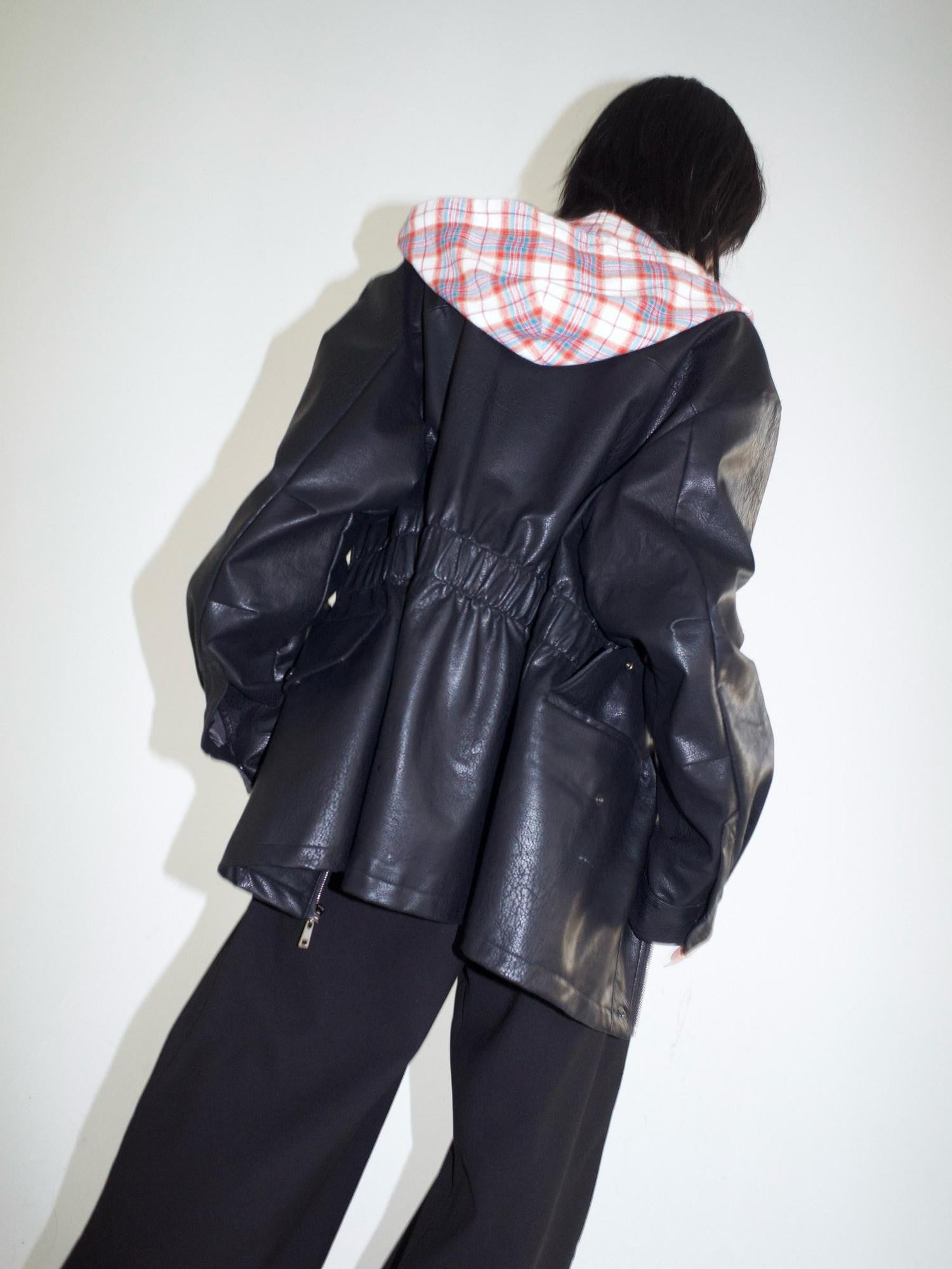 FOURFORTY Street Plaid Hooded Patchwork Long Sleeve Women's Pu Leather Jackets