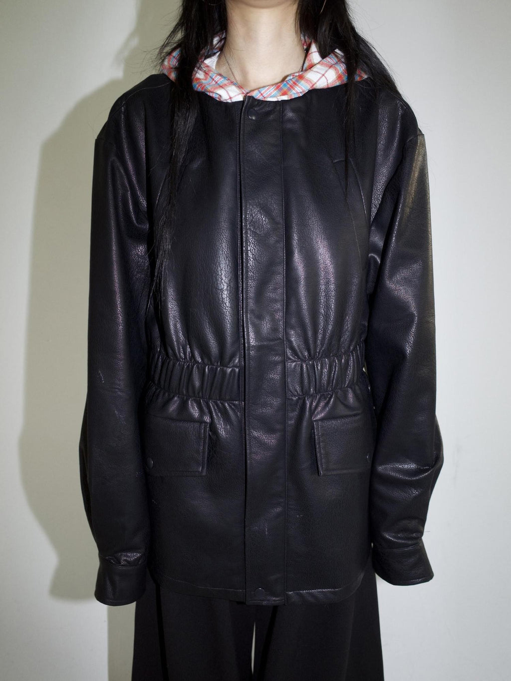FOURFORTY Street Plaid Hooded Patchwork Long Sleeve Women's Pu Leather Jackets