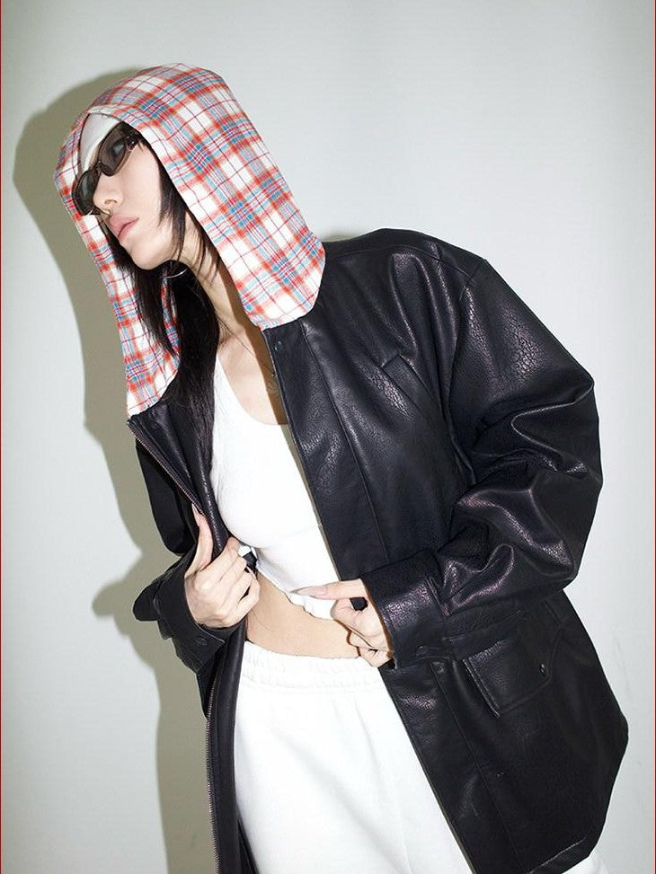 FOURFORTY Street Plaid Hooded Patchwork Long Sleeve Women's Pu Leather Jackets
