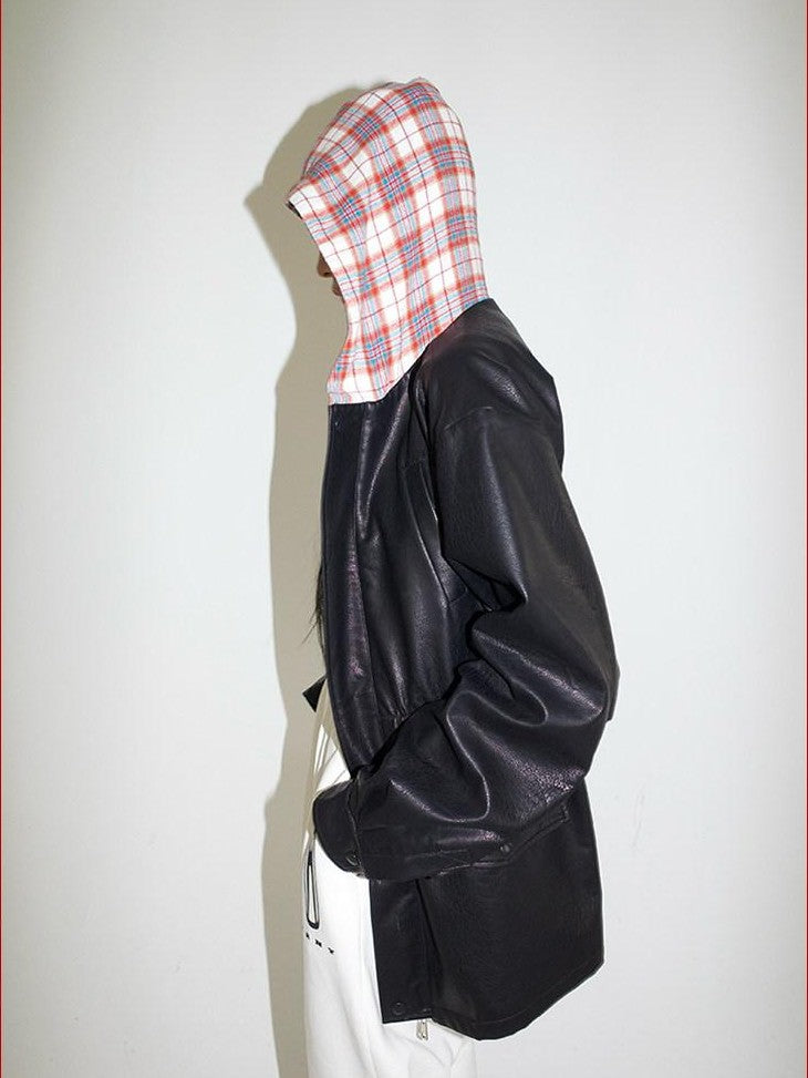 FOURFORTY Street Plaid Hooded Patchwork Long Sleeve Women's Pu Leather Jackets