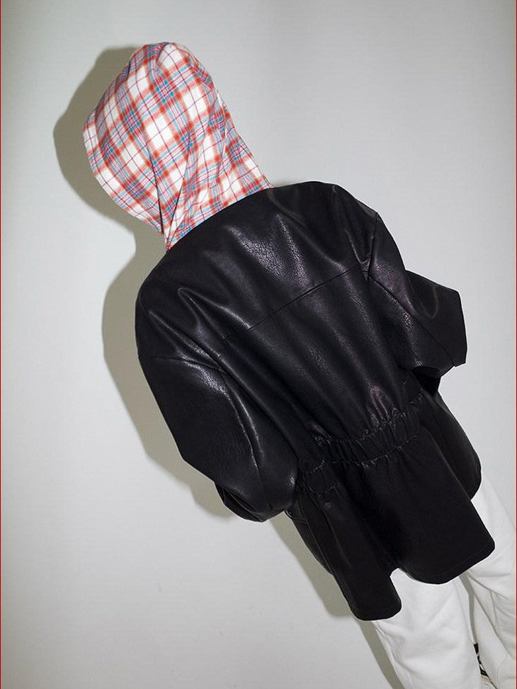 FOURFORTY Street Plaid Hooded Patchwork Long Sleeve Women's Pu Leather Jackets