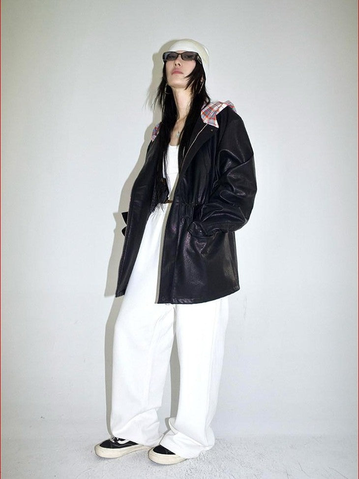FOURFORTY Street Plaid Hooded Patchwork Long Sleeve Women's Pu Leather Jackets