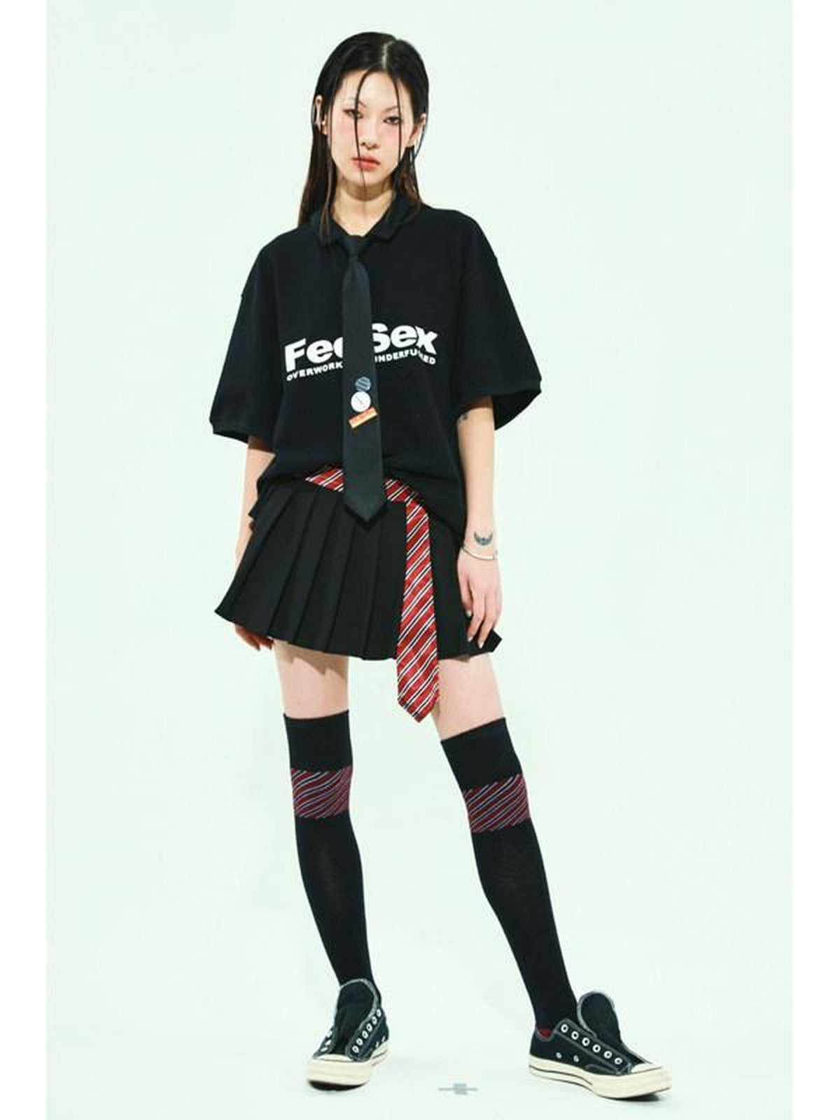 FOURFORTY Striped Colorblock Jacquard High Tube Women's Cotton Crew Socks