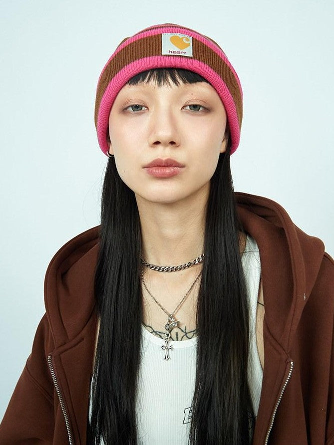 FOURFORTY Striped Knit Yarn Street Round Top Adjustable Women's Acrylic Beanies