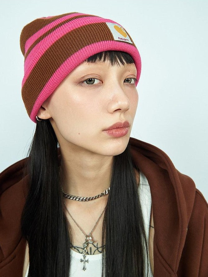 FOURFORTY Striped Knit Yarn Street Round Top Adjustable Women's Acrylic Beanies