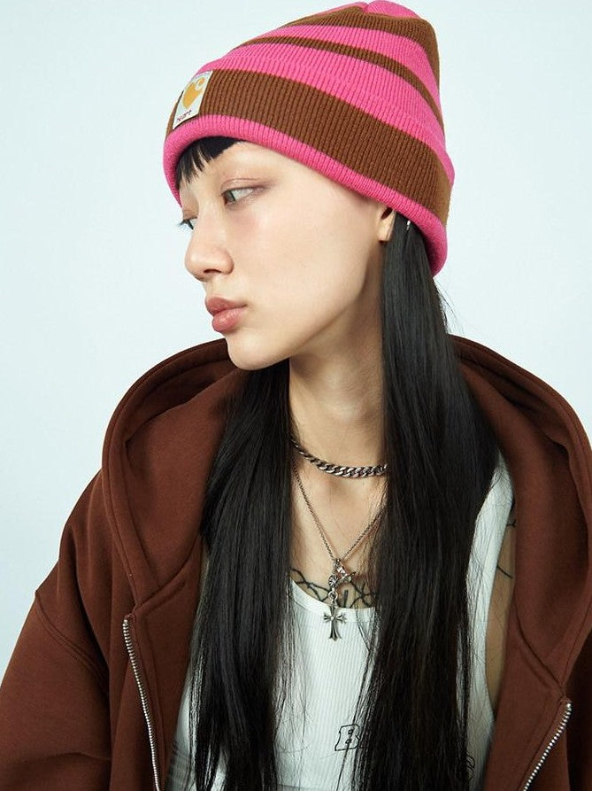 FOURFORTY Striped Knit Yarn Street Round Top Adjustable Women's Acrylic Beanies