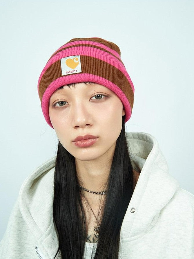 FOURFORTY Striped Knit Yarn Street Round Top Adjustable Women's Acrylic Beanies