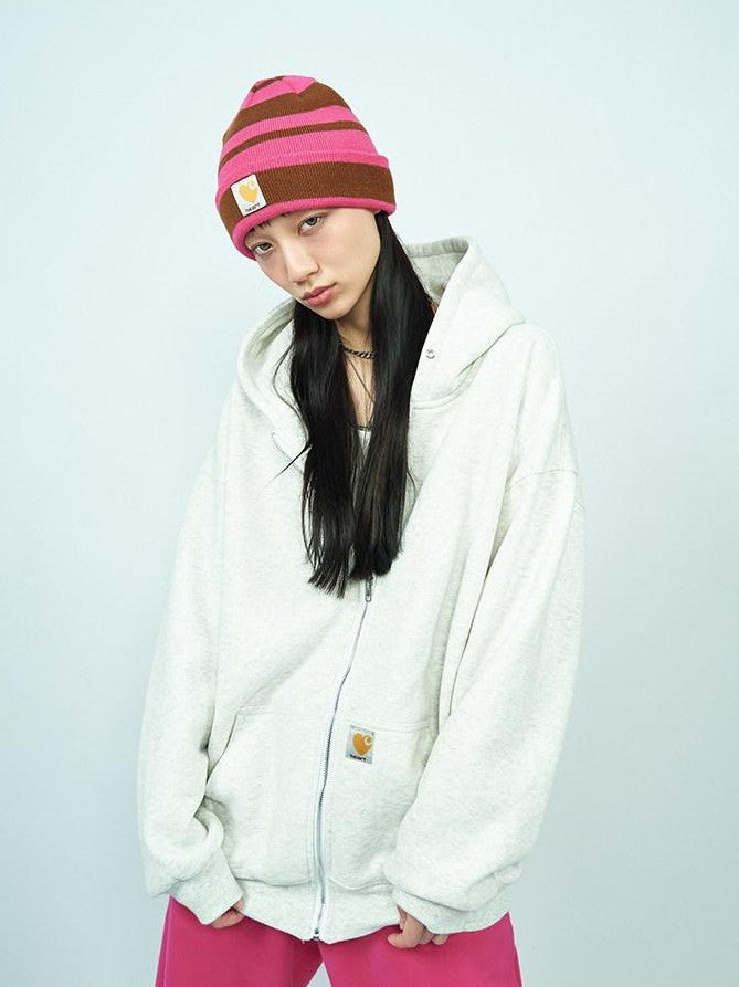 FOURFORTY Striped Knit Yarn Street Round Top Adjustable Women's Acrylic Beanies