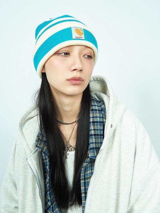 FOURFORTY Striped Knit Yarn Street Round Top Adjustable Women's Acrylic Beanies