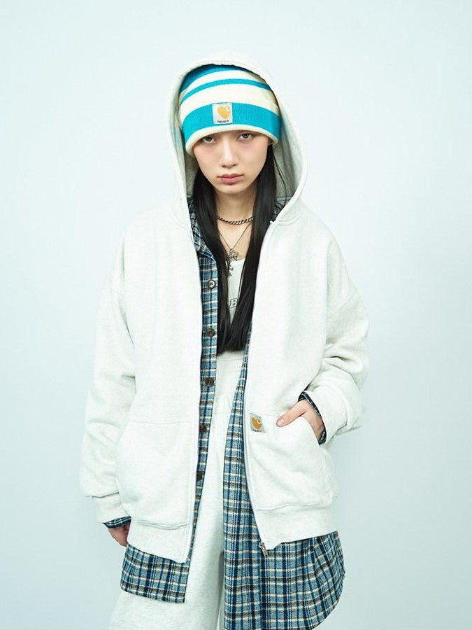 FOURFORTY Striped Knit Yarn Street Round Top Adjustable Women's Acrylic Beanies