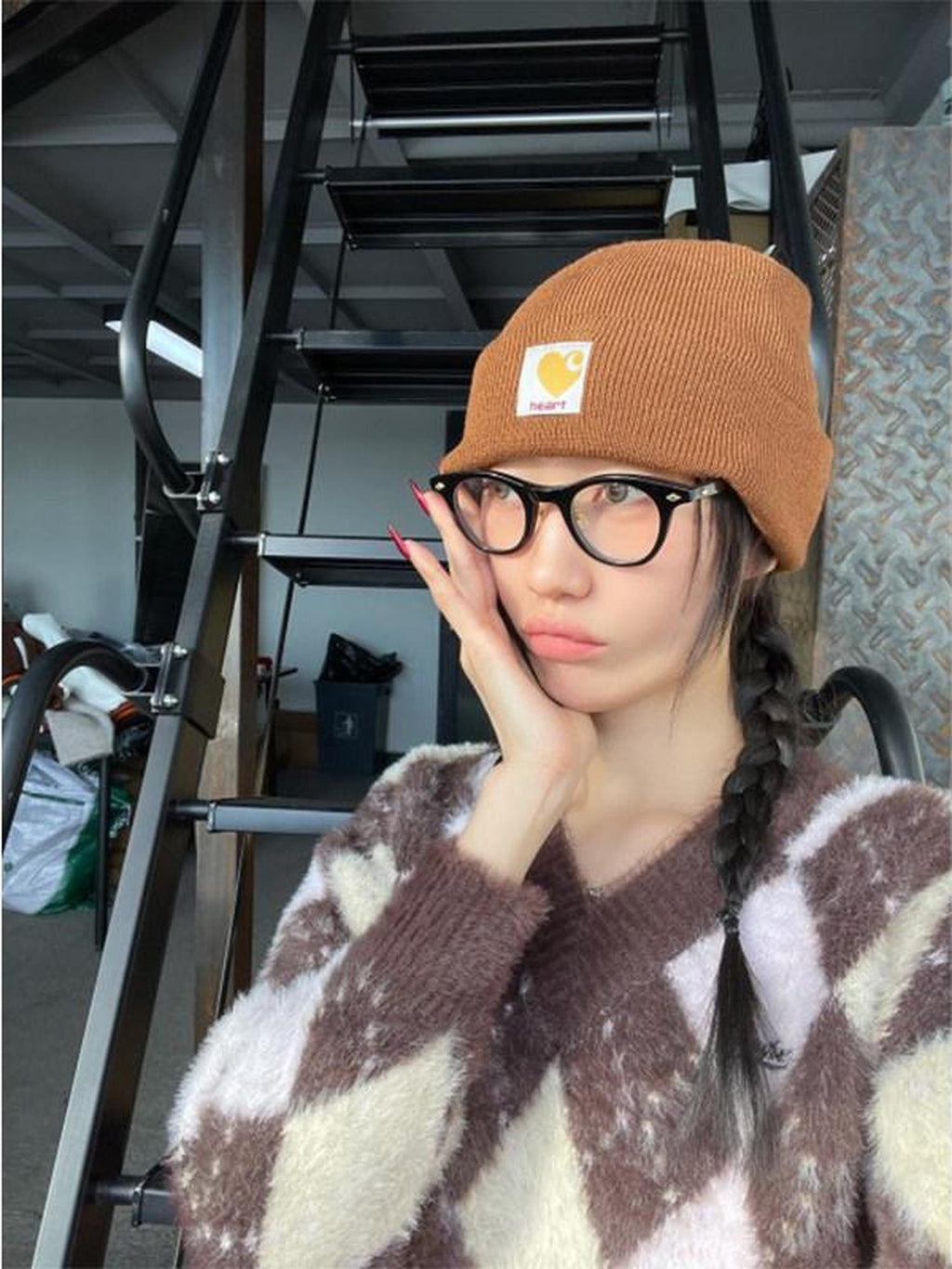 FOURFORTY Striped Knit Yarn Street Round Top Adjustable Women's Acrylic Beanies