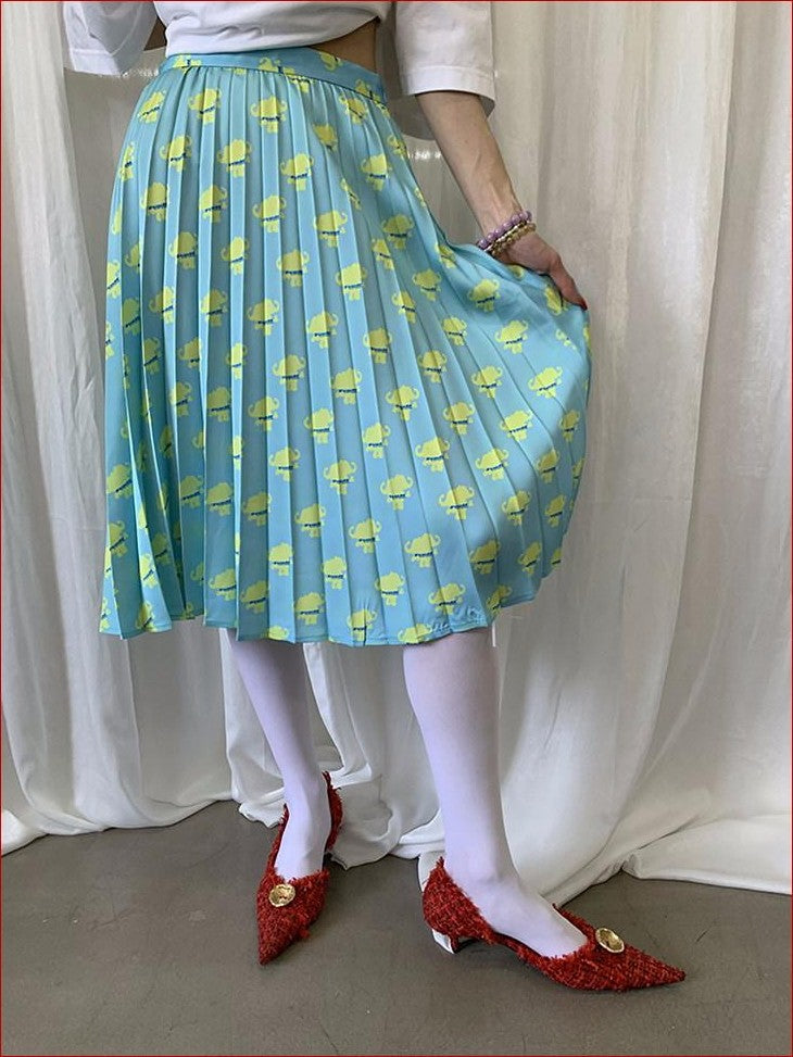 FOURFORTY Sunshine Yellow Double Elephant Pleated Women's Polyester Midi Skirts