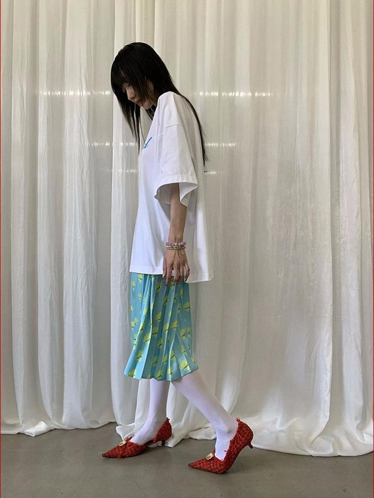 FOURFORTY Sunshine Yellow Double Elephant Pleated Women's Polyester Midi Skirts